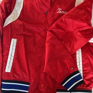 Tommy Hilfiger Red Satin Varsity-Style Bomber Jacket with White Trim